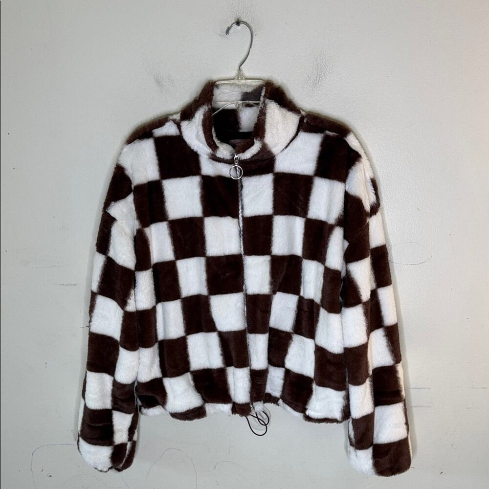 Crave Fame Brown and White Checkered Furry Jacket Size XL